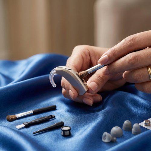 Hearing aid care kit with brushes and accessories